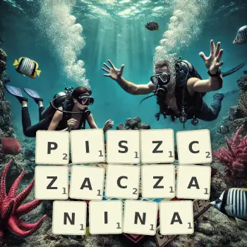 Kreatywna ilustracja do gry w Scrabble ze słowem PISZCZACZANINA ułożonym z płytek na planszy.