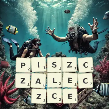 Kreatywna ilustracja do gry w Scrabble ze słowem PISZCZALECZCE ułożonym z płytek na planszy.
