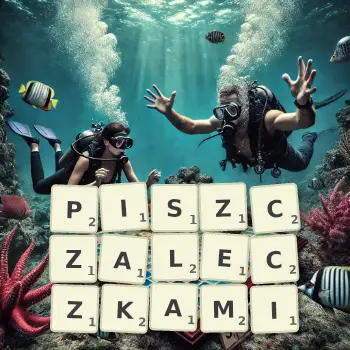 Kreatywna ilustracja do gry w Scrabble ze słowem PISZCZALECZKAMI ułożonym z płytek na planszy.
