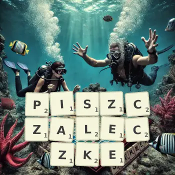 Kreatywna ilustracja do gry w Scrabble ze słowem PISZCZALECZKE ułożonym z płytek na planszy.