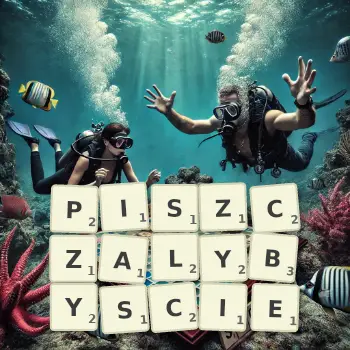 Kreatywna ilustracja do gry w Scrabble ze słowem PISZCZALYBYSCIE ułożonym z płytek na planszy.