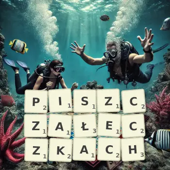 Kreatywna ilustracja do gry w Scrabble ze słowem PISZCZAŁECZKACH ułożonym z płytek na planszy.