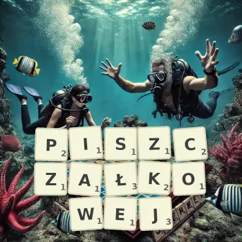 Kreatywna ilustracja do gry w Scrabble ze słowem PISZCZAŁKOWEJ ułożonym z płytek na planszy.