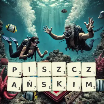 Kreatywna ilustracja do gry w Scrabble ze słowem PISZCZAŃSKIM ułożonym z płytek na planszy.