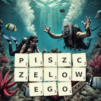 Kreatywna ilustracja do gry w Scrabble ze słowem PISZCZELOWEGO ułożonym z płytek na planszy.