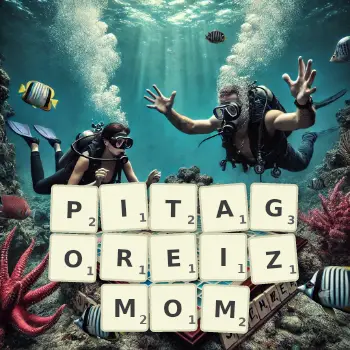 Kreatywna ilustracja do gry w Scrabble ze słowem PITAGOREIZMOM ułożonym z płytek na planszy.