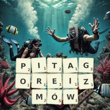 Kreatywna ilustracja do gry w Scrabble ze słowem PITAGOREIZMÓW ułożonym z płytek na planszy.