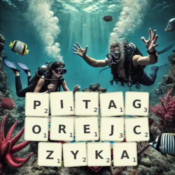 Kreatywna ilustracja do gry w Scrabble ze słowem PITAGOREJCZYKA ułożonym z płytek na planszy.