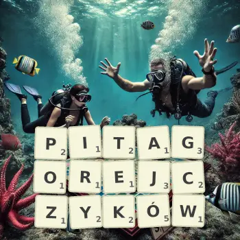 Kreatywna ilustracja do gry w Scrabble ze słowem PITAGOREJCZYKÓW ułożonym z płytek na planszy.