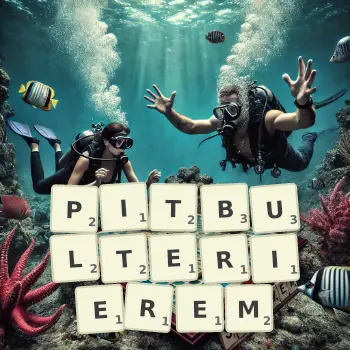 Kreatywna ilustracja do gry w Scrabble ze słowem PITBULTERIEREM ułożonym z płytek na planszy.