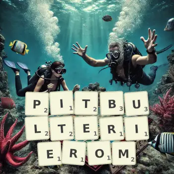 Kreatywna ilustracja do gry w Scrabble ze słowem PITBULTERIEROM ułożonym z płytek na planszy.