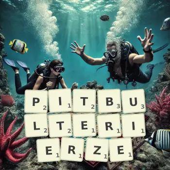 Kreatywna ilustracja do gry w Scrabble ze słowem PITBULTERIERZE ułożonym z płytek na planszy.