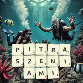Kreatywna ilustracja do gry w Scrabble ze słowem PITRASZENIAMI ułożonym z płytek na planszy.