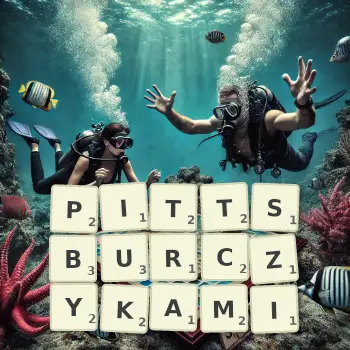 Kreatywna ilustracja do gry w Scrabble ze słowem PITTSBURCZYKAMI ułożonym z płytek na planszy.