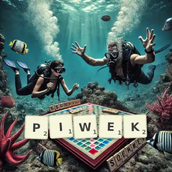 Kreatywna ilustracja do gry w Scrabble ze słowem PIWEK ułożonym z płytek na planszy.