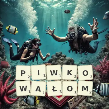 Kreatywna ilustracja do gry w Scrabble ze słowem PIWKOWAŁOM ułożonym z płytek na planszy.
