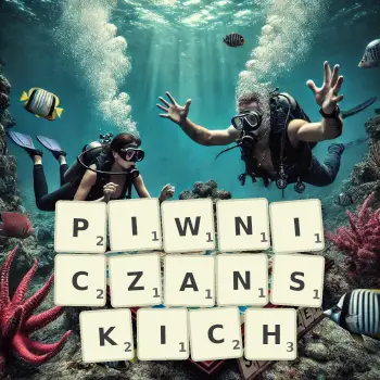 Kreatywna ilustracja do gry w Scrabble ze słowem PIWNICZANSKICH ułożonym z płytek na planszy.