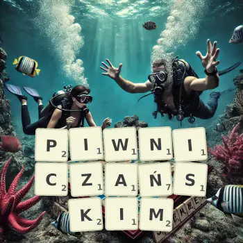 Kreatywna ilustracja do gry w Scrabble ze słowem PIWNICZAŃSKIM ułożonym z płytek na planszy.