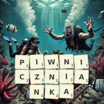 Kreatywna ilustracja do gry w Scrabble ze słowem PIWNICZNIANKA ułożonym z płytek na planszy.