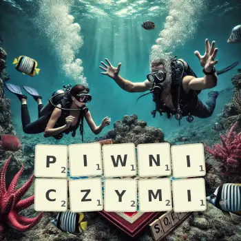 Kreatywna ilustracja do gry w Scrabble ze słowem PIWNICZYMI ułożonym z płytek na planszy.