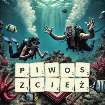 Kreatywna ilustracja do gry w Scrabble ze słowem PIWOSZCIEŻ ułożonym z płytek na planszy.