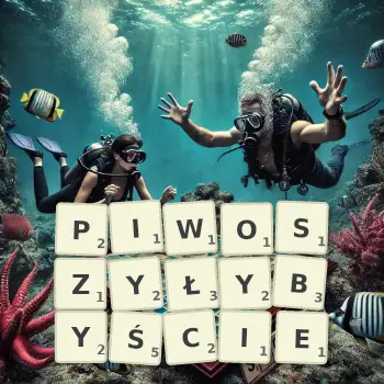 Kreatywna ilustracja do gry w Scrabble ze słowem PIWOSZYŁYBYŚCIE ułożonym z płytek na planszy.
