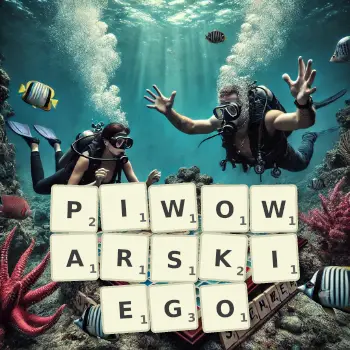 Kreatywna ilustracja do gry w Scrabble ze słowem PIWOWARSKIEGO ułożonym z płytek na planszy.