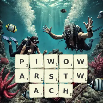 Kreatywna ilustracja do gry w Scrabble ze słowem PIWOWARSTWACH ułożonym z płytek na planszy.