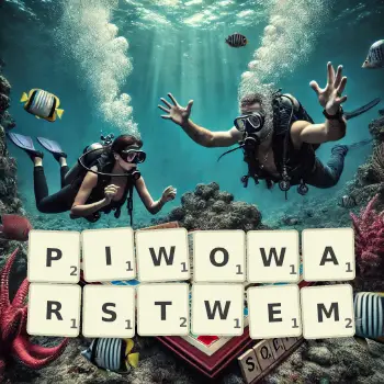 Kreatywna ilustracja do gry w Scrabble ze słowem PIWOWARSTWEM ułożonym z płytek na planszy.