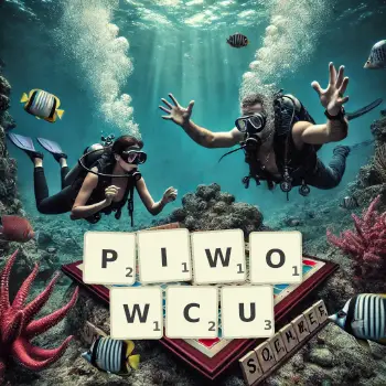 Kreatywna ilustracja do gry w Scrabble ze słowem PIWOWCU ułożonym z płytek na planszy.