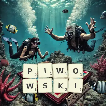 Kreatywna ilustracja do gry w Scrabble ze słowem PIWOWSKI ułożonym z płytek na planszy.