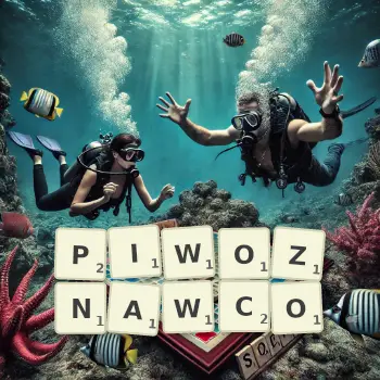 Kreatywna ilustracja do gry w Scrabble ze słowem PIWOZNAWCO ułożonym z płytek na planszy.