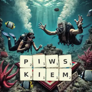 Kreatywna ilustracja do gry w Scrabble ze słowem PIWSKIEM ułożonym z płytek na planszy.