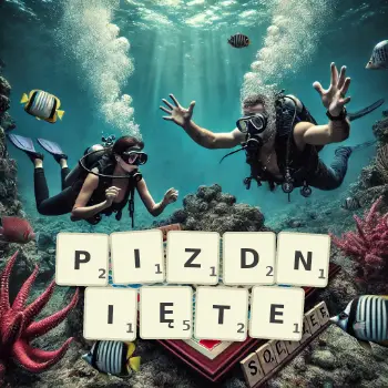 Kreatywna ilustracja do gry w Scrabble ze słowem PIZDNIĘTE ułożonym z płytek na planszy.