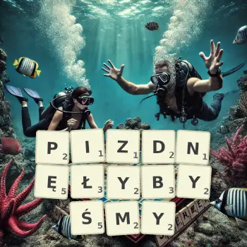 Kreatywna ilustracja do gry w Scrabble ze słowem PIZDNĘŁYBYŚMY ułożonym z płytek na planszy.
