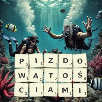Kreatywna ilustracja do gry w Scrabble ze słowem PIZDOWATOŚCIAMI ułożonym z płytek na planszy.
