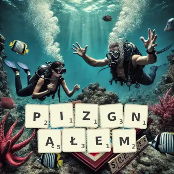 Kreatywna ilustracja do gry w Scrabble ze słowem PIZGNĄŁEM ułożonym z płytek na planszy.