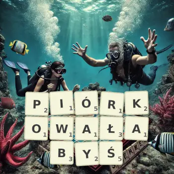Kreatywna ilustracja do gry w Scrabble ze słowem PIÓRKOWAŁABYŚ ułożonym z płytek na planszy.