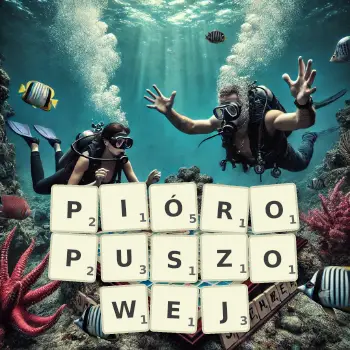 Kreatywna ilustracja do gry w Scrabble ze słowem PIÓROPUSZOWEJ ułożonym z płytek na planszy.