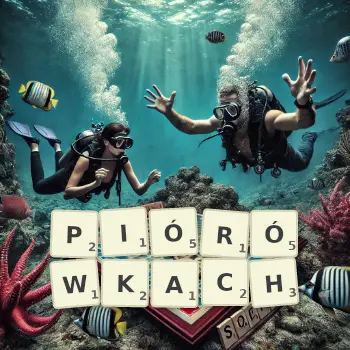 Kreatywna ilustracja do gry w Scrabble ze słowem PIÓRÓWKACH ułożonym z płytek na planszy.