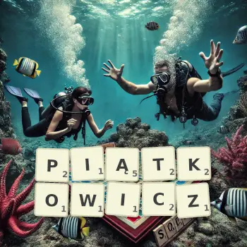 Kreatywna ilustracja do gry w Scrabble ze słowem PIĄTKOWICZ ułożonym z płytek na planszy.