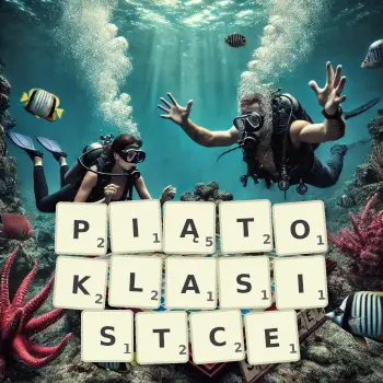 Kreatywna ilustracja do gry w Scrabble ze słowem PIĄTOKLASISTCE ułożonym z płytek na planszy.