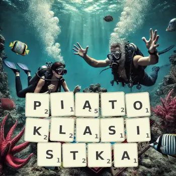 Kreatywna ilustracja do gry w Scrabble ze słowem PIĄTOKLASISTKA ułożonym z płytek na planszy.