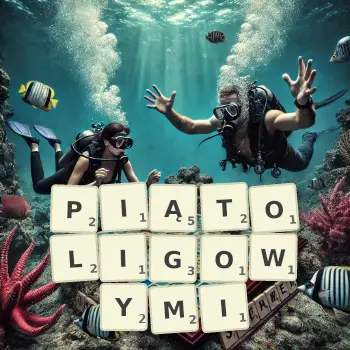 Kreatywna ilustracja do gry w Scrabble ze słowem PIĄTOLIGOWYMI ułożonym z płytek na planszy.