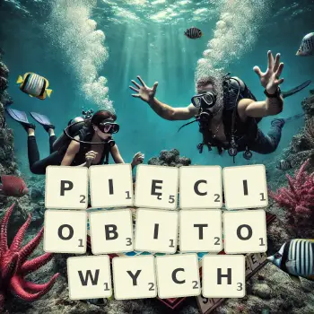 Kreatywna ilustracja do gry w Scrabble ze słowem PIĘCIOBITOWYCH ułożonym z płytek na planszy.
