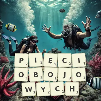 Kreatywna ilustracja do gry w Scrabble ze słowem PIĘCIOBOJOWYCH ułożonym z płytek na planszy.