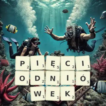 Kreatywna ilustracja do gry w Scrabble ze słowem PIĘCIODNIÓWEK ułożonym z płytek na planszy.