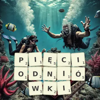 Kreatywna ilustracja do gry w Scrabble ze słowem PIĘCIODNIÓWKI ułożonym z płytek na planszy.