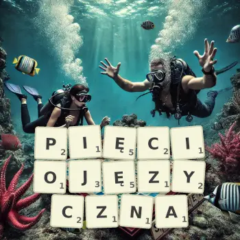 Kreatywna ilustracja do gry w Scrabble ze słowem PIĘCIOJĘZYCZNA ułożonym z płytek na planszy.