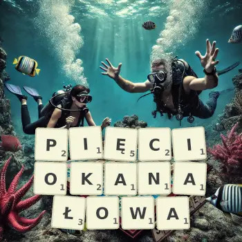 Kreatywna ilustracja do gry w Scrabble ze słowem PIĘCIOKANAŁOWA ułożonym z płytek na planszy.